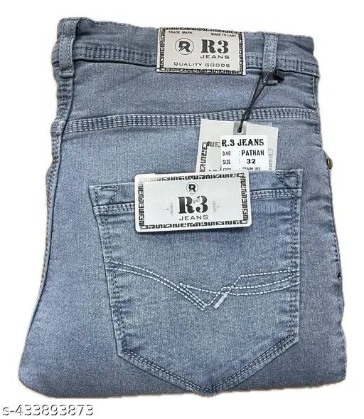 Trendy blue stretch jeans with visible brand label, slim fit