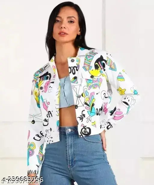 Multi-colored graphic print jacket with front pockets and a round neckline