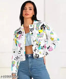Multi-colored graphic print jacket with front pockets and a round neckline