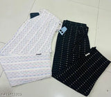 Black and white patterned men's casual pants with zip closure, two front pockets