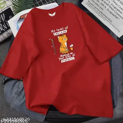 Red t-shirt with white graphic and text