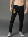 Black denim pants with teddy bear design, slim fit