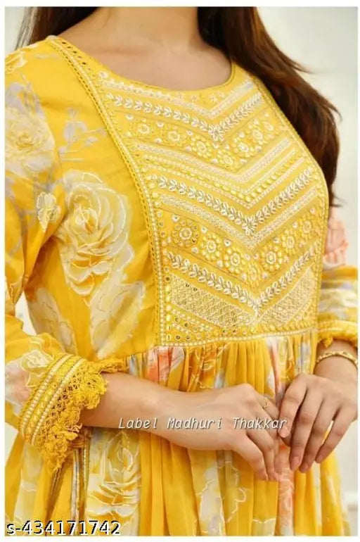 Rayon yellow Anarkali Kurti and Pant Dupatta Set for Festive, three-quarter sleeves, printed design, women's wear, Indian festival fashion