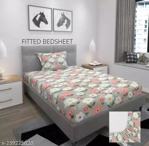 Grey cotton elastic fitted single bedsheet with breathable fabric, includes king size pillow cover. Soft floral printed design for summer comfort. Made in India