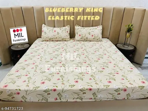 Blueberry king-size, cotton floral fitted bedsheet & 2 pillow covers in PVC bag, fits upto 10" mattress for summer use, adult ideal