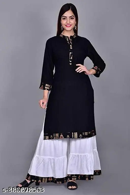Womens long black kurta with embroidered sleeves and matching bottom, 100% cotton, long skirt
