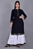 Womens long black kurta with embroidered sleeves and matching bottom, 100% cotton, long skirt