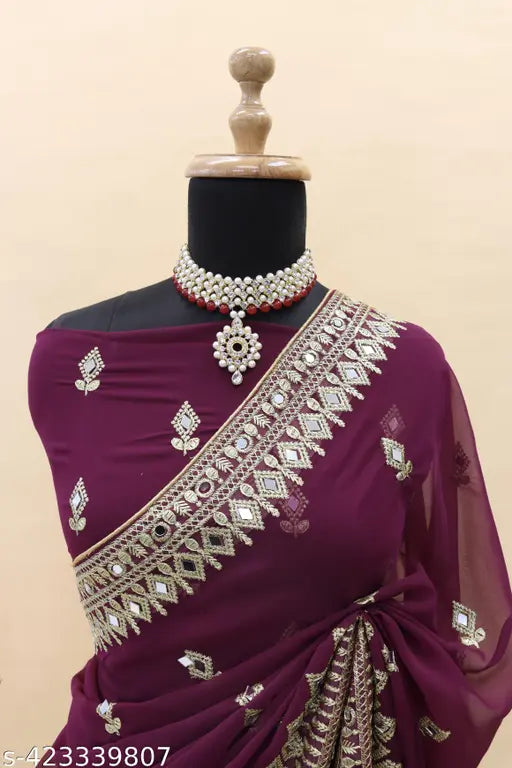Georgette saree with blouse, mirror embroidery in maroon color
