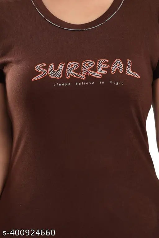 Women's chocolate hosiery cotton printed half-sleeve nightsuit top and pyjama set, ladies sleepwear with short sleeves and regular fit