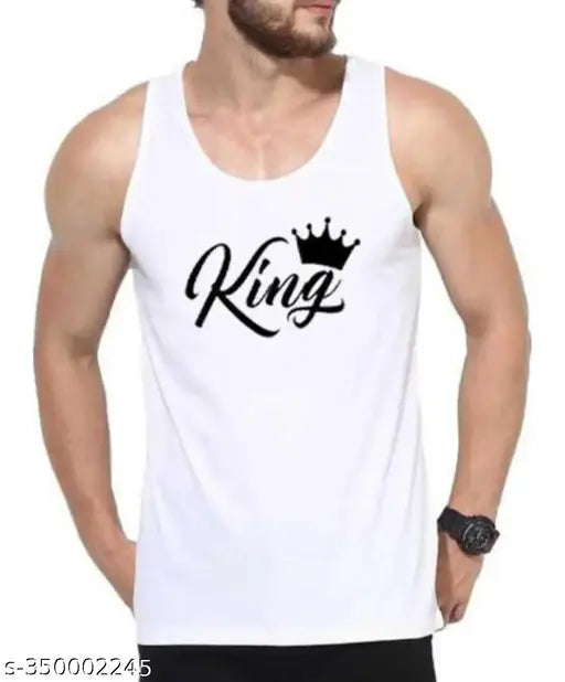 Printed net polycotton SANDO KING WHITE sleeveless shirt, size [Size] - Made in India