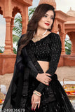Black net embroidered Lehenga Choli set with blouse and dupatta, Indian traditional wear featuring intricate embroidery on a net fabric
