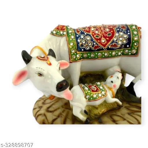 Decorative resin marble dust Kamdhenu cow and calf statue, handmade religious art symbolizing prosperity (6x4x3 inches)