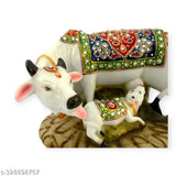 Decorative resin marble dust Kamdhenu cow and calf statue, handmade religious art symbolizing prosperity (6x4x3 inches)