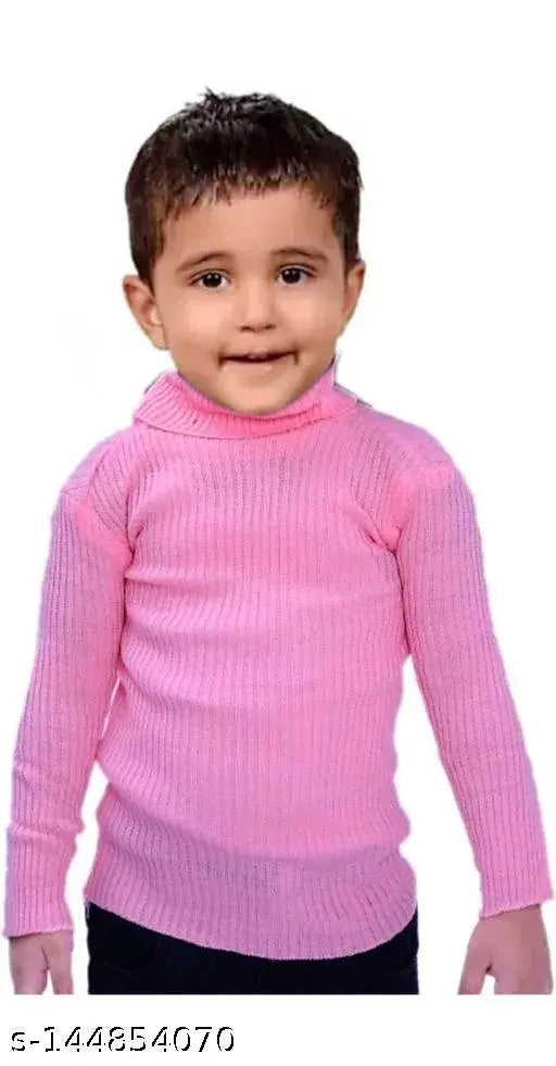 Baby pink wool KASHIKA high neck sweater, suitable for boys and girls winter wear. Solid pattern, long sleeves, sizes range from 0-3 Months to 6-7 Years, made in India