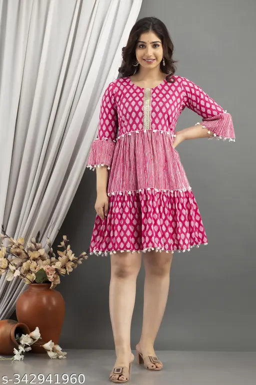Pink viscose rayon dress, three-quarter sleeves, printed combo. Women's size S to XXL for a new style and attractive look