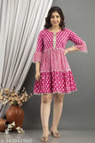 Pink viscose rayon dress, three-quarter sleeves, printed combo. Women's size S to XXL for a new style and attractive look