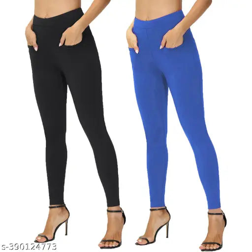 Black cotton blend pocket jegging 2-pack on model, versatile denim casual wear for women