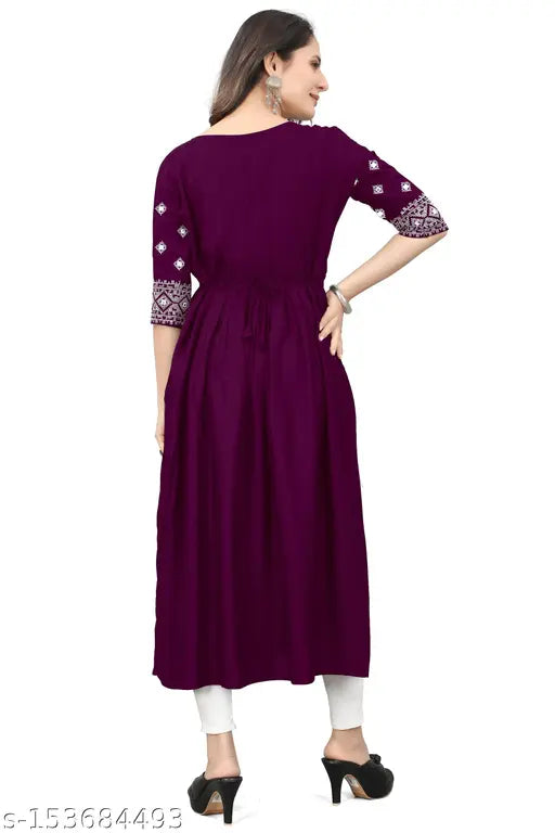 Purple rayon embroidered kurti with three-quarter sleeves, Indian traditional clothing for women