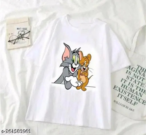 White t-shirt with printed cartoon of a cat and dog on a plain background