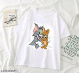 White t-shirt with printed cartoon of a cat and dog on a plain background