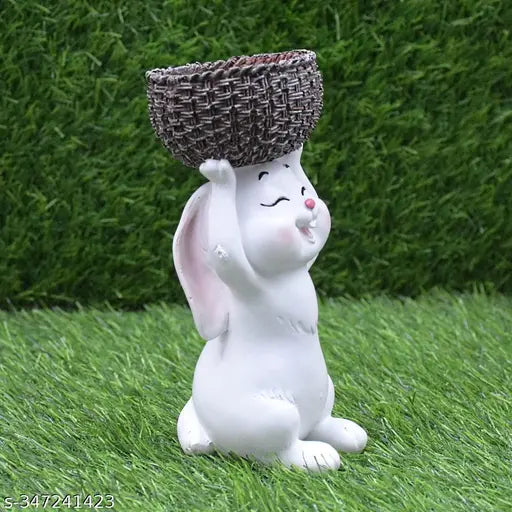 White rabbit statue with wicker basket, garden decoration, home decor, kids room table top