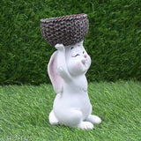 White rabbit statue with wicker basket, garden decoration, home decor, kids room table top