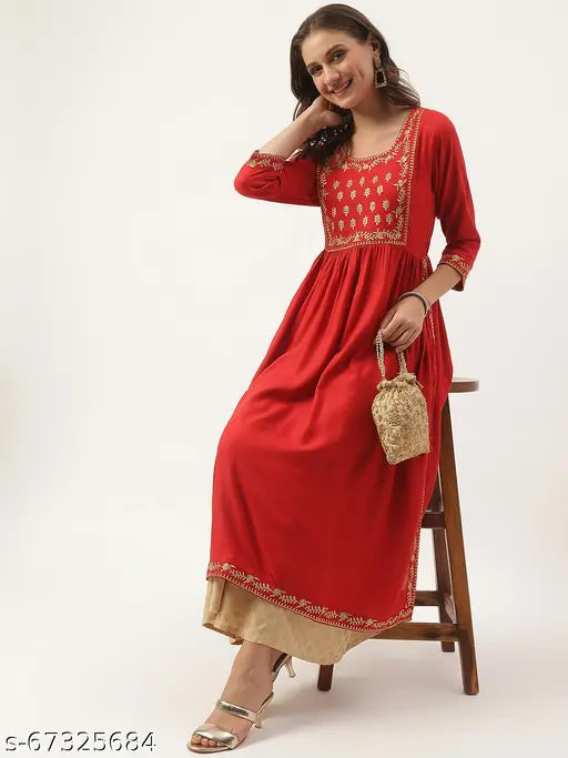 Red rayon long kurta with traditional embroidery, festive design for women's party wear