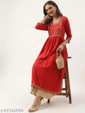 Red rayon long kurta with traditional embroidery, festive design for women's party wear