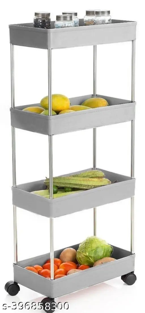 Grey plastic kitchen cart with four shelves, holding an assortment of fresh produce