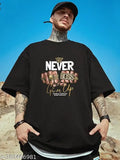 Black cotton blend men's round neck t-shirt with force printed typography, three-quarter sleeves