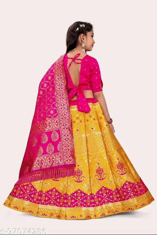 Acrylic and bamboo duppatta, short-sleeved princess lehenga choli for 7-8 year old girls, intricate jacquard stitch and zari woven pattern, Indian handcrafted kids lehenga
