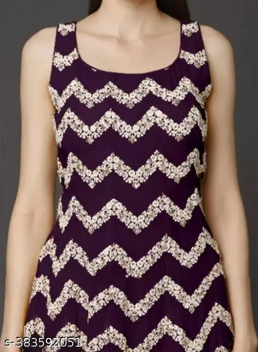 Purple chevron print kameez with heavy lace detailing, embellished embroidery, long-sleeved
