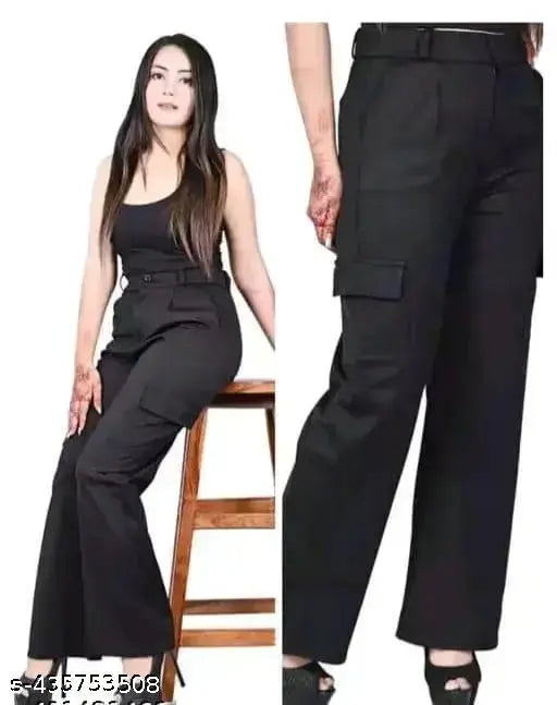Black cotton stretch pants with pockets, cargo style closure
