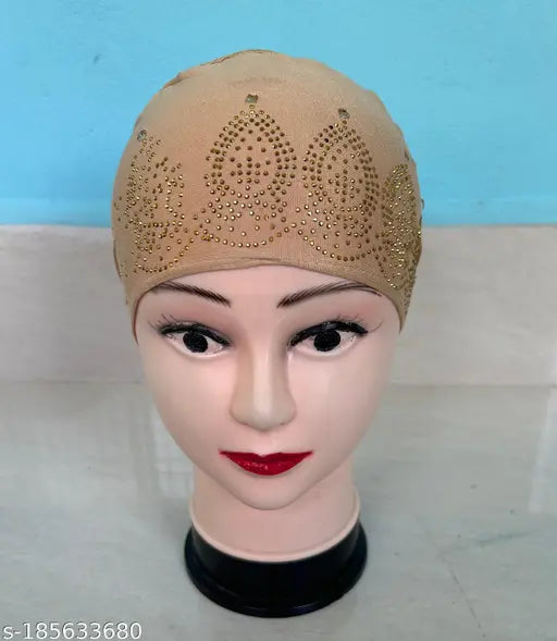 Muslim women's cotton hijab cap with intricate stone detailing, pack of 4