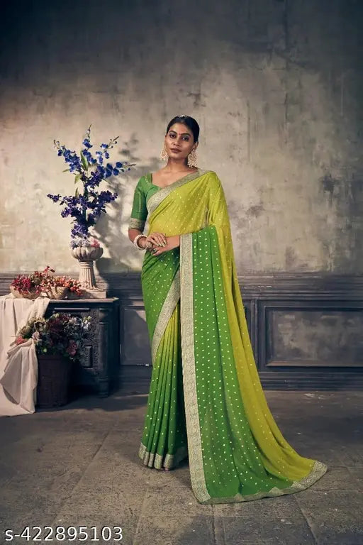 Georgette saree with blouse, foil floral print, green color