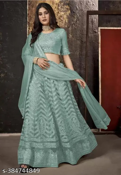 Embroidered net lehenga choli set for EID, semi-stitched with waist size 42m and length 44m, Indian origin