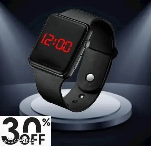 Black digital kids' watch with pink LED display, unisex design