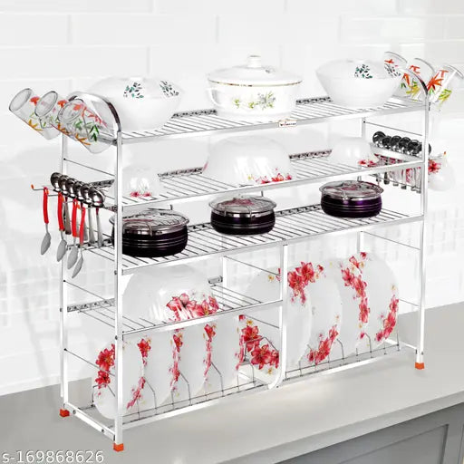 Stainless steel kitchen rack with 5 shelves, displaying various dishes and utensils