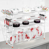 Stainless steel kitchen rack with 5 shelves, displaying various dishes and utensils