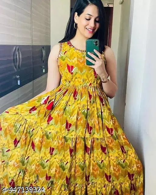 Yellow and green floral print saree with pallu