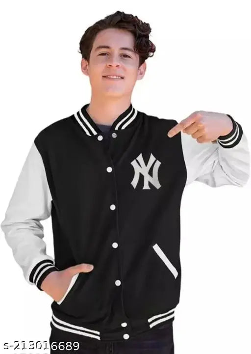 Black and white full sleeve boys casual jacket with New York pocket logo