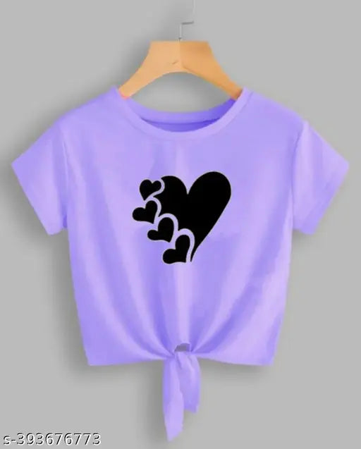 Lavender knot crop top 5 heart printed lycra, short-sleeved women's fashion apparel