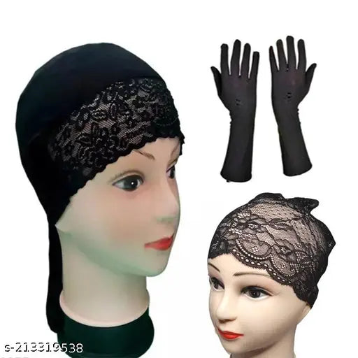 Black lace hijab cap, set of 3 for under scarf, black gloves included