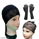 Black lace hijab cap, set of 3 for under scarf, black gloves included