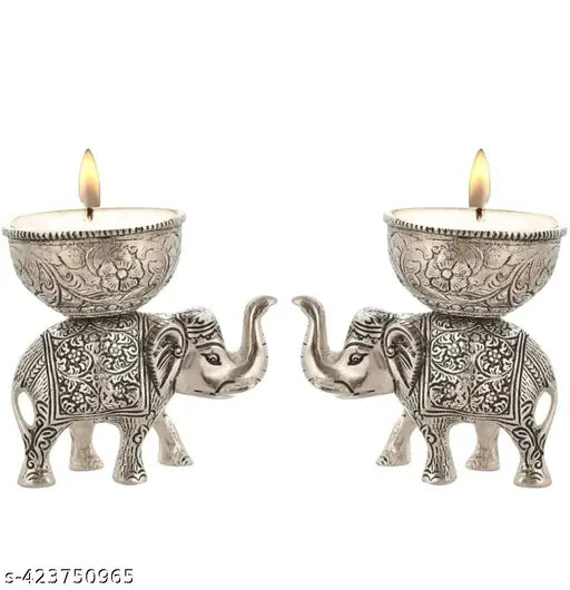 Golden metal elephant idols with dry fruit bowl, decorative showpiece for home, Indian craftsmanship, set of 2 (13cmx13cmx9cm)
