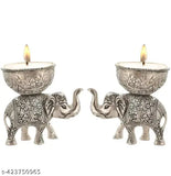 Golden metal elephant idols with dry fruit bowl, decorative showpiece for home, Indian craftsmanship, set of 2 (13cmx13cmx9cm)