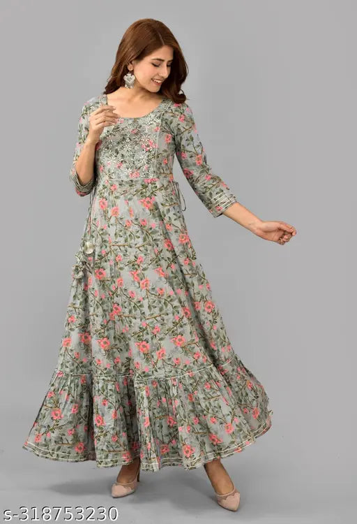 Embroidered floral long kurta with deep neckline, sleeveless, likely cotton or silk