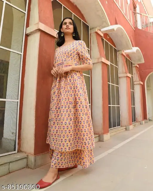 Women's printed rayon kurti palazzo set, short-sleeved, rayon fabric, Indian fashion on mannequin