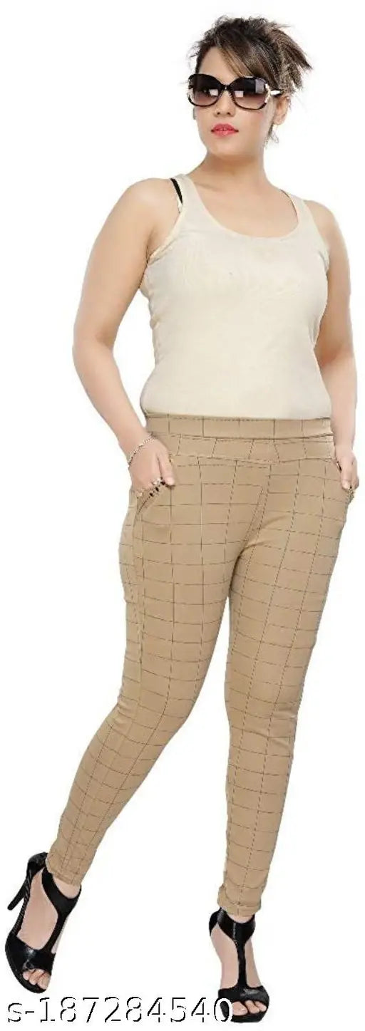 Trendy white & beige checked net Lycra jeggings for women, ankle-length with two pockets, fashionable and comfortable, size options available up to 32 inches waist