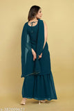 Black embroidered kameez with sharara pant bottom, long sleeves, fitted waist, flared skirt, detailed pattern and design